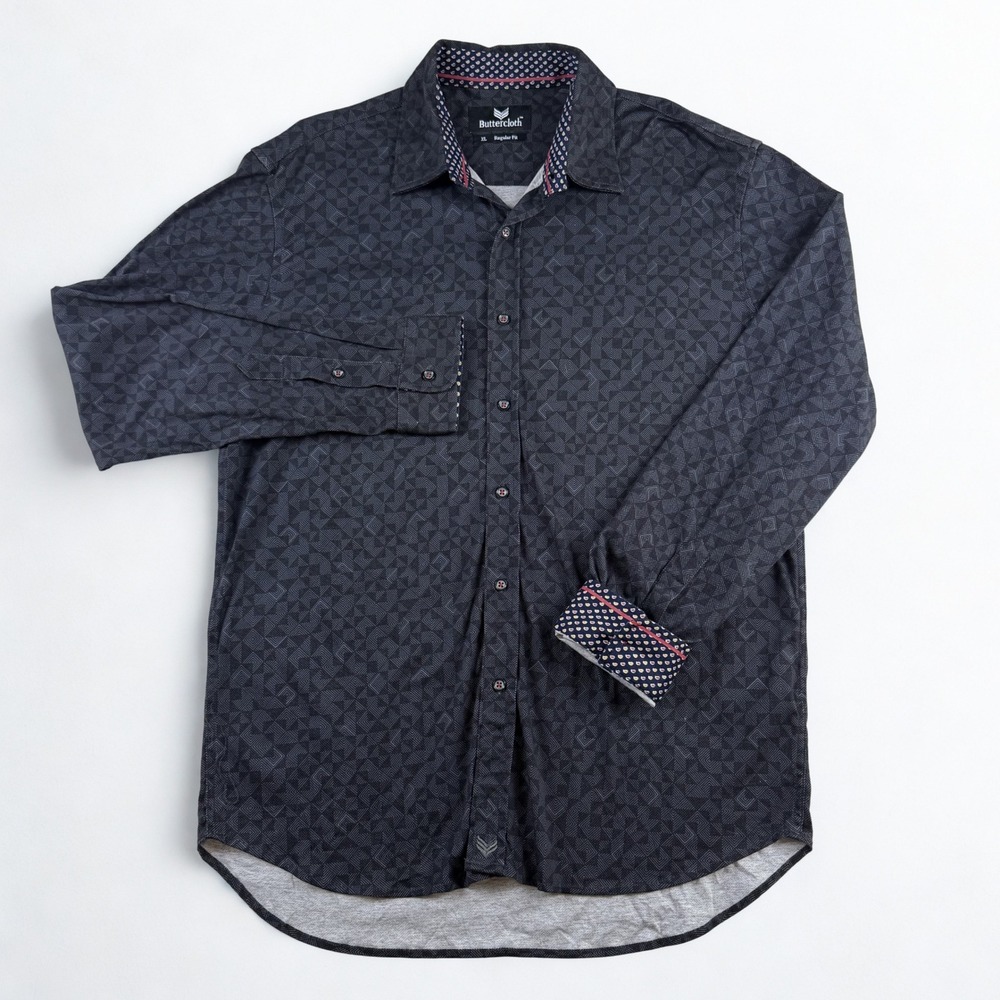 Buttercloth Shirt Mens XL Black Geometric Diamond Long Sleeve Regular Fit Cotton